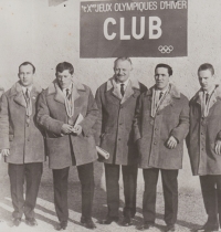 Vladimír Nadrchal at the 1968 Winter Olympics in Grenoble. He is standing on the left. Next to him is Jozef Golonka, second from the right Josef Černý, Nadrchal's teammate from Brno