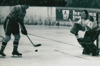 Vladimír Nadrchal faces a rush by a Dukla Jihlava forward in a first league game. Second half of the 1960s