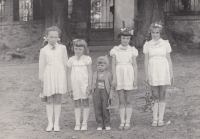 Hana Bébrová (first from right) with her family, Vrcholtovice, 1962-1963