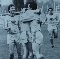 Ladislav Vízek celebrates after scoring his 100th goal in the Czechoslovak league. He is third from the left, hugged by his teammate Pavel Korejcik, Stanislav Pelc on the left, and Bohuš Víger is running up to them.