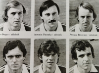 Ladislav Vízek (bottom right), his teammates Tomáš Kříž and Marian Masný are on the left, and Přemysl Bičovský, Antonín Panenka and Jan Berger are on the right. Portrait from the 1982 World Cup book