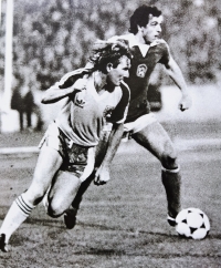 Ladislav Vízek escapes a Welsh opponent in a qualifying match for the 1982 World Cup