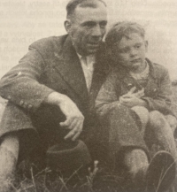 Antonín Vojtek with his father above his native village of Horní Bojanovice by the chapel, 1940s