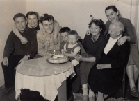 From the left Arnošt Ungár, half-sister Zuzana Převorovská, nee Ungárová, husband Jiří Převorovský, Jan Ungár, Jiří Převorovský Jr., mother Augusta Ungárová b. Rambousková, half-sister Kateřina Ungárová, grandmother Anna Rambousková b. Hrubá, Prague, 1956
