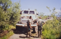 Demining machine, preparation of the area for guarding the grave, near Omarska, 1999