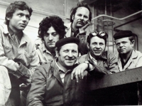 Antonín Vojtek (above, with his hand under his chin) with colleagues from Klement Gottwald's factory in Hustopeče, 1970s