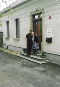 With my mother in front of the rectory, Keblov, 2006,