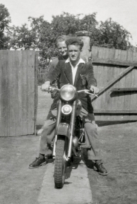 Jaroslav Losert at the handlebars of his 250 cc Jawa, behind him sits his friend Miroslav Saltzman, Loděnice, late 1950s