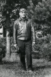 Jaroslav Losert in leather jacket with motorcycle goggles, mid-1960s