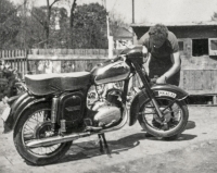 Jawa 250 cc motorcycle as an affordable village transport. Repaired by brother Stanislav Losert at home in his backyard in Loděnice, late 1950s