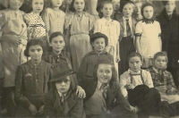 Theatre play based on the Salt Over Gold tale directed by Ladislav Rubek; the witness is second from right in top row; at the front is Marie Wanneyová who died during a scarlet fever epidemic, Litomyšl, circa 1943