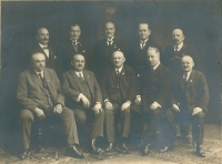 Václav Petrželka (sitting in the middle) with friends, 1920s