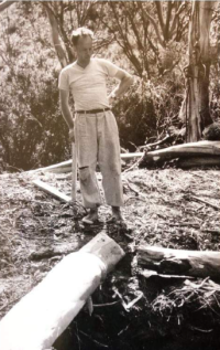 Antonín Šponar building a bridge over the Thredbo River in the Snowy Mountains in 1956