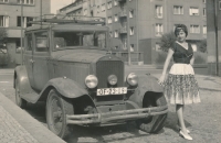 Bronislava Volková with her father's car, 1961