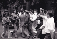 "No to Toxic Waste" protest action against the import of toxic waste from Germany to Ukraine by Greenpeace Ukraine. The police detain the protesters near the German Embassy. Kyiv, 1993.