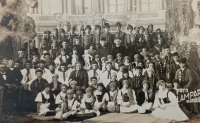 Josef Tesařík, standing sixth from the left in the second row (the left of the two men with the wig in the middle), Dub nad Moravou 1929