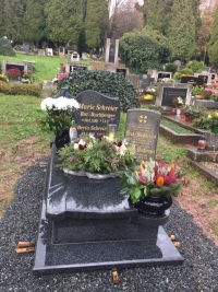 Tombstone of great-grandparents Buchberger, grandmother and mother Schreier, Vrchlabí cemetery, 2002