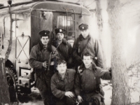 Zdeněk Hovorka (bottom right) at the military exercise in Dupo with his radio station Třinec