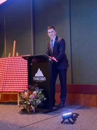 Ondřej Boháč speaks as a representative of the Czech Embassy in Australia in Thredbo at the celebration of František Příhoda's 100th birthday