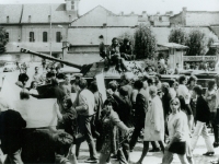 Prostějov residents express their disagreement with the occupation - protest march in front of the National House in Prostějov, August 1968