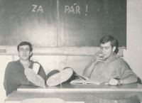 Tomáš Finger (left) in the classroom of the officers' school in the first half of the 1970s