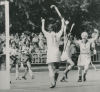 Czechoslovak field hockey players rejoice after scoring a goal for India at the Olympic tournament in Moscow. Alena Mejzlikova is second from the right