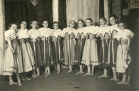 Witness in the performance Children's Sketchbook by Jiří Kolafa at the Masaryk Theatre in Jičín in 1952 (centre right)