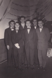 Karel Krška, second from left, with his classmates from the high school in Mikulov, dance extension lesson, 1956