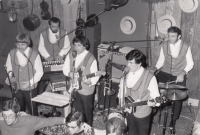 Music group The Wanderers on tour in Megève, third from right, 1970s