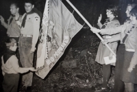 The first oath of the scouts, junaks and wolf Cubs of the Frýdlant Centre in Bohemia took place in the old quarry on the eve of the 50th anniversary of the Czechoslovakia on 27 October 1968, the oath was taken on the centre's flag (Pavel Knížák at the oath ceremony)