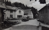 Part of Nekoř with the shop where the incident with the German defector took place during the war, 1950s