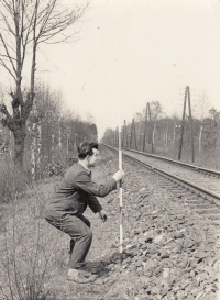 Jiří Cimrman measuring at the stop Čeperka near Pardubice in 1957