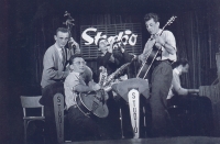 Studio band, afternoons during basic military service, Jaroslav Pátek on the bottom left, Jaroměř, club Vagón, 1957