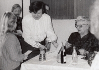 Jana Pavlovská (centre) at a discussion with writer Maria Kubátová at school, 1990s