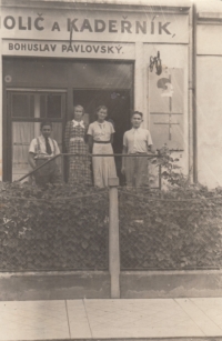 Grandfather Bohuslav Pavlovský (right) had a barber shop in Hodonín, father (left) during World War II