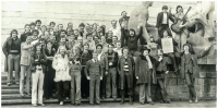 "Tekutý kapřík" in Brno - 1980. L. Plch is in the bottom row in a white fur coat between B. Polívka and Jirka Bartoska. The photo was taken by Plch's friend, American Dan Higley