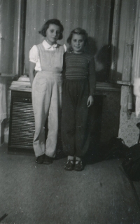 Anna Dusová (right) with elder sister Jiřina, 1955