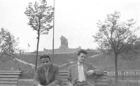 Václav Sobotka with his friend Jara Horký under Stalin's monument on Letná, 1958