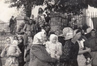 Gathering in front of the Catholic Church in Svatá Helena, undated