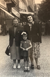 Dobromila Šebestová (centre) with her mother (right) and grandfather Antonín Hamáček's second wife in Wenceslas Square after mother's release from prison, circa 1956