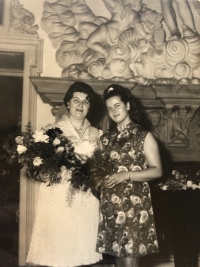 Dobromila Šebestová (right) with mother in the Saturn Hall in Libochovice, latter 1960s