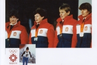 Blanka Paulů (third from left) at the 1984 Winter Olympics in Sarajevo after winning silver in the relay. On the left are Gabriela Svobodová and Květa Jeriová, on the right is Dagmar Švubová