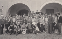 With colleagues from Amati Kraslice company on a trip in Hluboká nad Vltavou, South Bohemia, Jan Vosáhlo standing in the third row, sixth from the left, 1960s