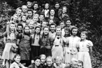 Edeltraud Riedel (second from the left in the first row of standing girls) / school photo / circa 1939