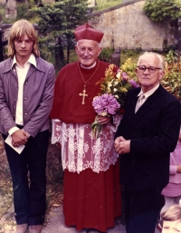 Miroslav Svoboda, Cardinal František Tomášek and Godfather Karel Chmelka at the confirmation in 1979