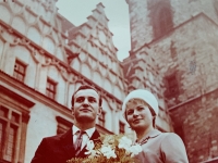 Wedding of Karel Dlabola in December 1963, in the background New Town Hall in Prague