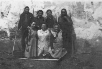 Working women on the farm in Korakov, witness on the left, mother second from the right above, ca. 1953