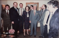 Jan Vondrouš (second from the left) visiting Tomáš Bat'a Jr. (in the middle), Toronto, 1991