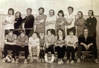 Founding of the Athletic Club in Duchcov in 1977, the witness is sitting second from the right and her daughter Maruška is third from the right. On the opposite side, first from the left, sits her son Bohumil.