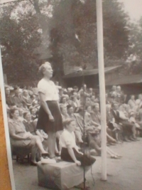 Paternal grandmother Olga Svobodová, chief of Sokol Zbraslav, rehearsing for the final convention reunion in 1948